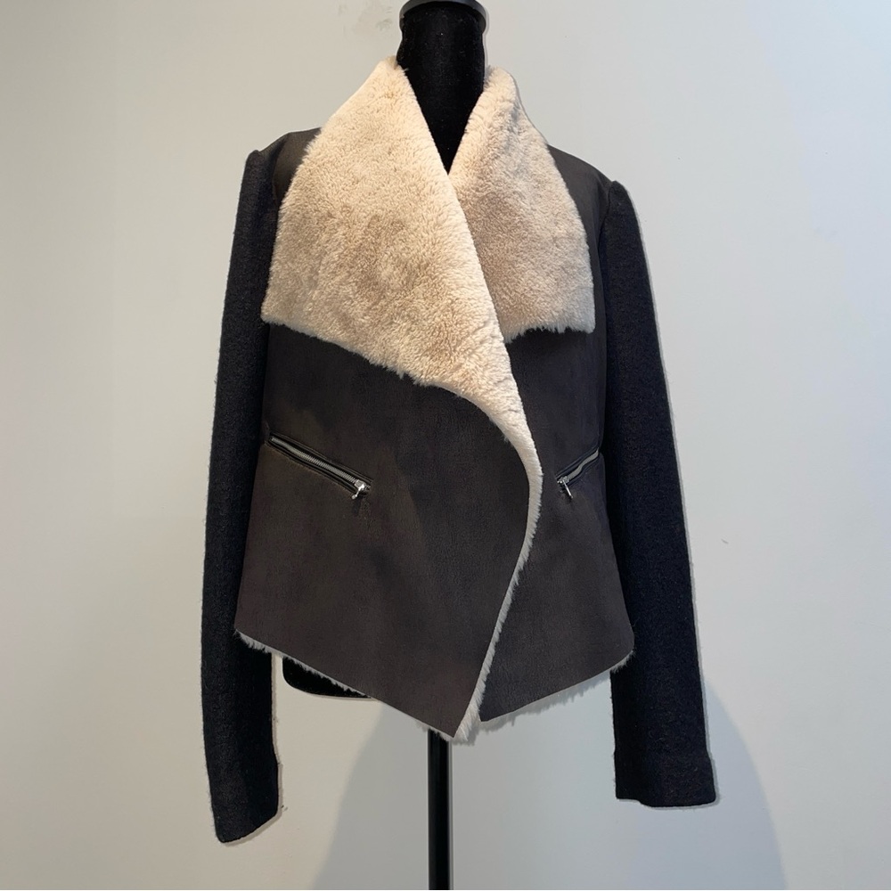 Zara Trafaluc Shearling Style Jacket Faux Fur Collar Wool Blend Large